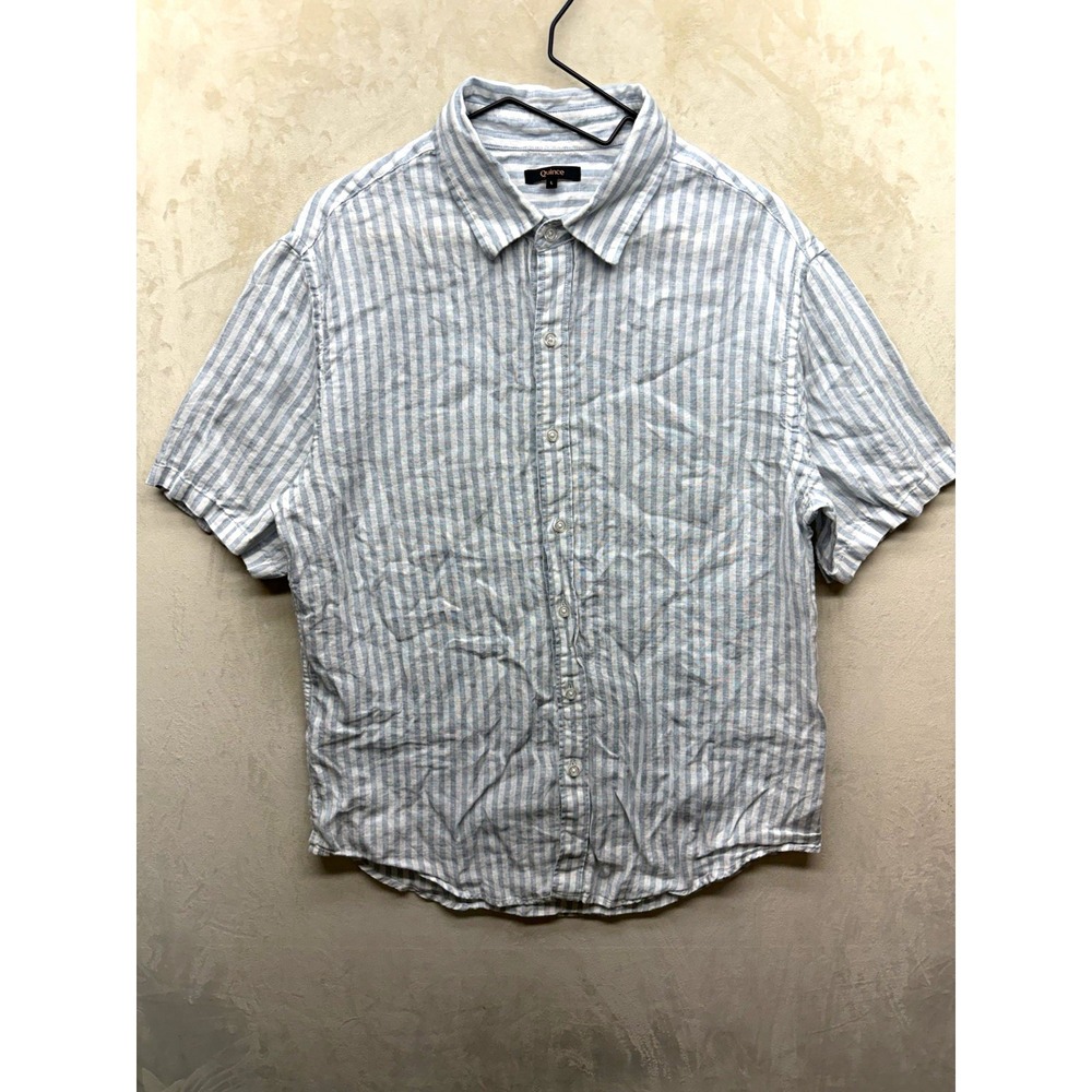 Quince Linen Shirt Mens Large Blue White Striped Button-Up Short Sleeve Light